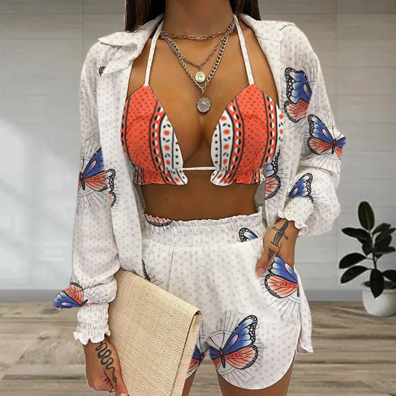 

3 Pieces Women Sets Summer Beach Style Print Tops+Shorts Bufferfly Print Sexy Strap Chiffon Crop Top Casual Long Shirts Clothes