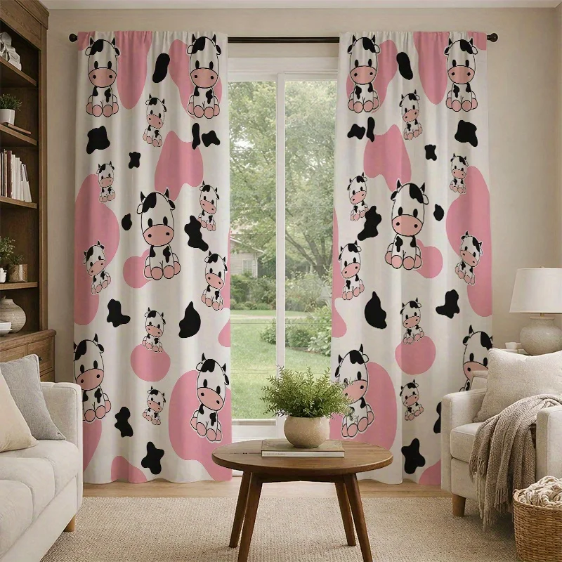 2PCS Cartoon Curtains, Cow Pink Spot Animal Cute, Digital Print, Bedroom Living Room, Rod Pocket Polyester, Home Decor
