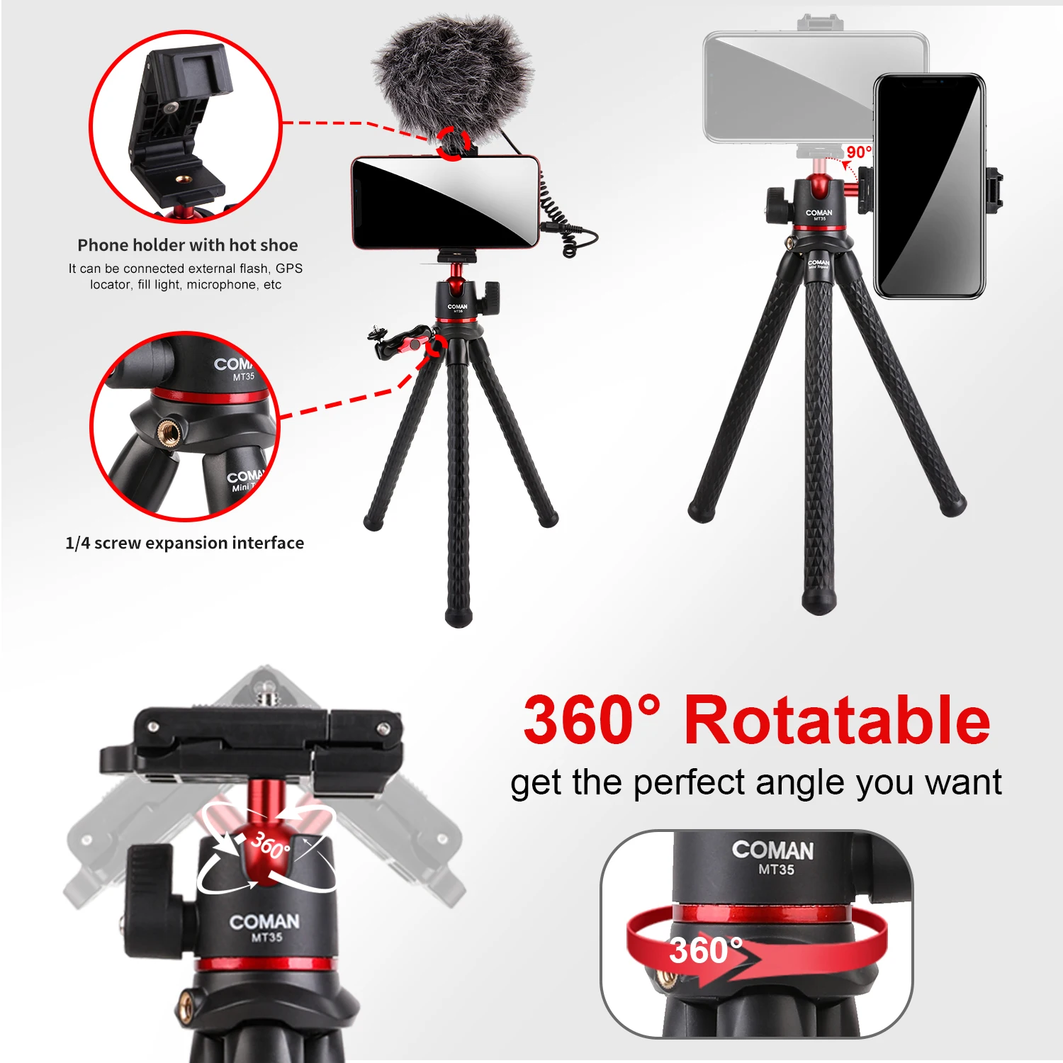 COMAN MT-35 Flexible Camera Tripod Hidden Phone Tripod Mount With Cold Shoe Smartphone DSLR Tripod For iPhone 15 Pro Max Samsung