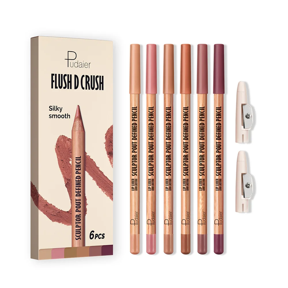 Conjunto de delineador labial à prova d'água, 6 peças, resistente à água, acabamento fosco, lápis labial, sem manchas e fácil de aplicar com apontador