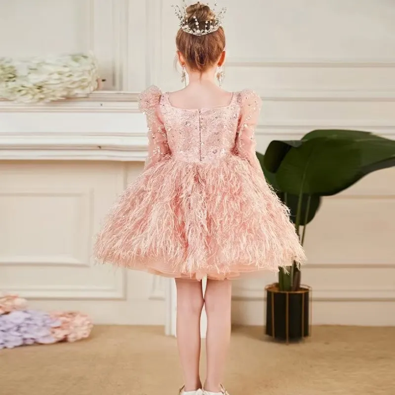 Fashion Baby Girl Princess Sequin Feather Dress Puffy Sleeve Infant Toddler Child Vestido Party Birthday Baby Clothes 12M-14Y