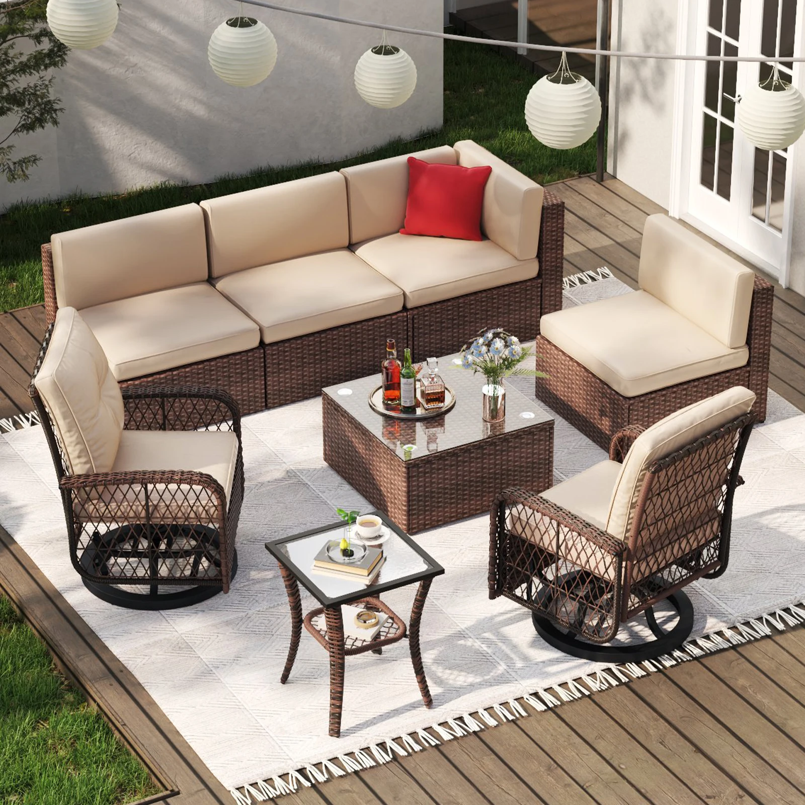 8-Piece Patio Furniture Set-Outdoor Sectional Wicker Rattan Conversation Set with Swivelling Chairs with Small physiques- Beige