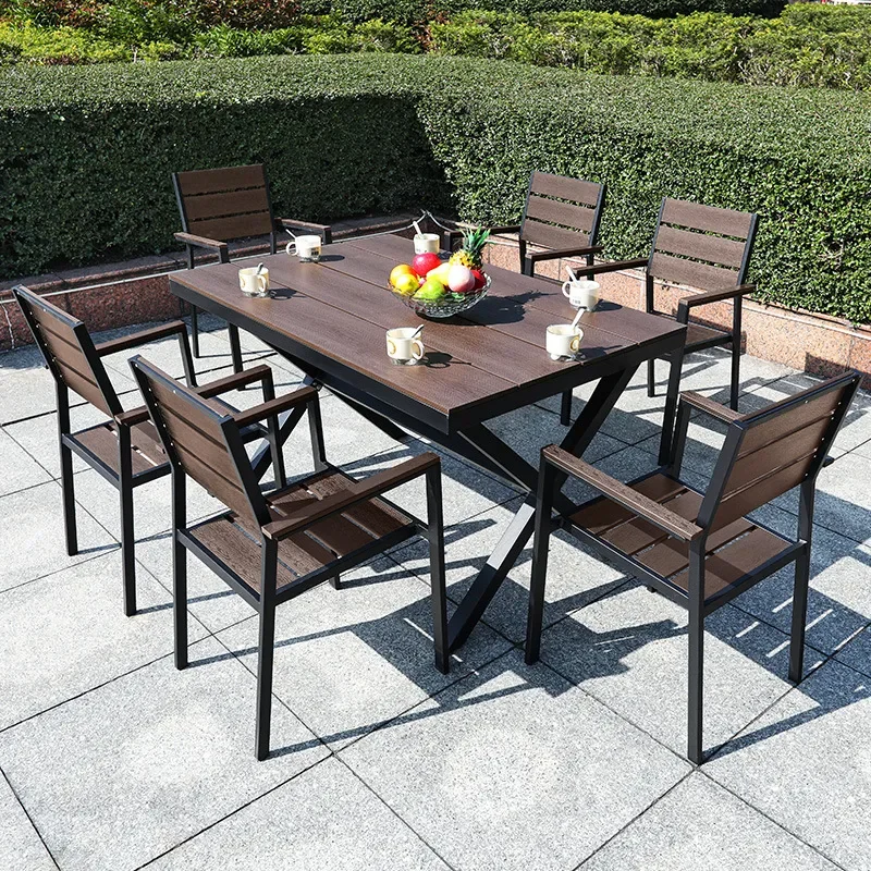 for Outdoor Courtyard Garden Balcony Leisure Tables and Chairs Waterproof Sunproof Cafe Antiseptic Wood Plastic Table Chair