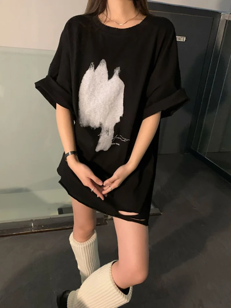 L-4XL Ripped T-shirts Women Simple Printed Design Baggy Summer Long Tops Fashion College Ulzzang Streetwear Leisure Basics Ins