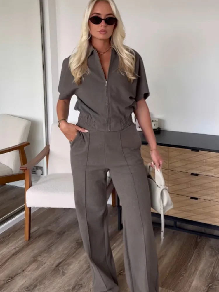 HH Women Fashion Lapel Zipper Loose Short Sleeve Vest+Autumn High Waisted Elastic Waist Pockets Wide-leg Pants 2-Piece Set