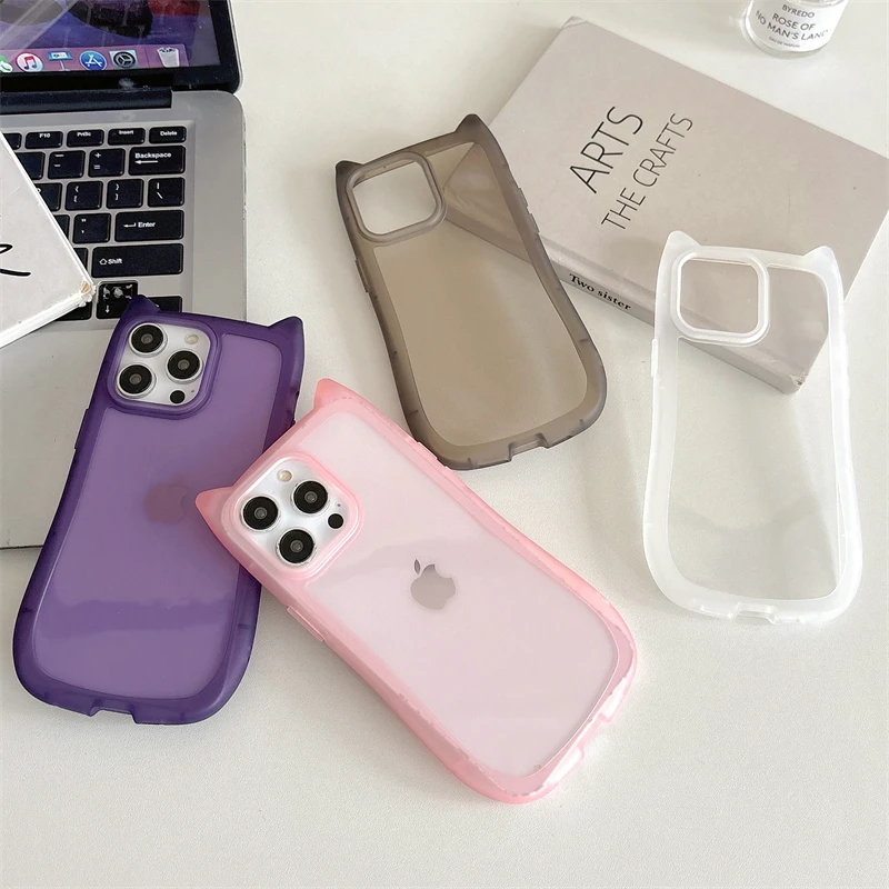 Japan Cute 3D Cat Ear Case For iPhone 16 15 14 13 12 11 Pro Max Plus Girl Cartoon Clear Shockproof Anti-fall Soft Silicone Cover - náhled 6