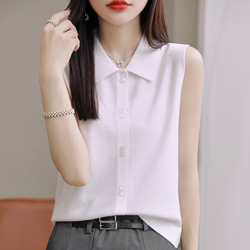 

Four seasons new ladies' high-grade design shirt collar knitted vest sleeveless lapel Joker in autumn and winter.