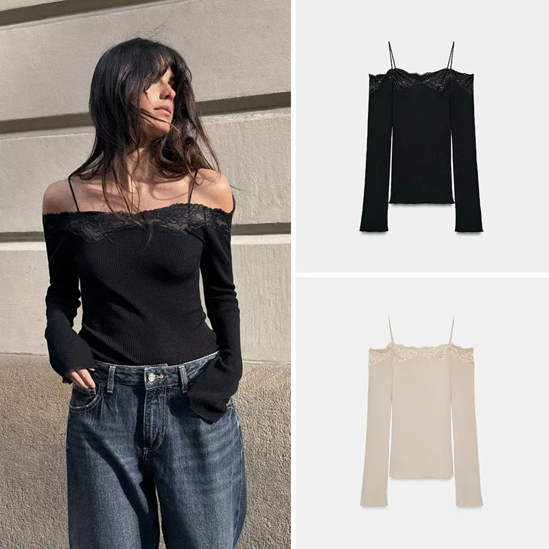 

Spring New Arrival Women's T-irt Sexy Slim Fit Color Long Sve Collar Bared oulder Patchwork 067007