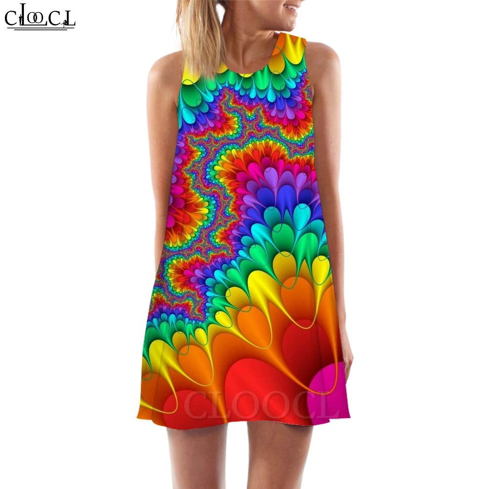 CLOOCL Tank Dress Trendy Rainbow Color Abstract Pattern Printed Dress Crew Neck Summer Beach Sleeveless Short Dresses