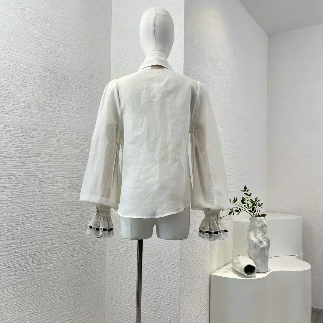 2024 All-matching White New Collection High Quality Linen Silk Ruffles Long Sleeve Tops Women Spring Summer Blouse