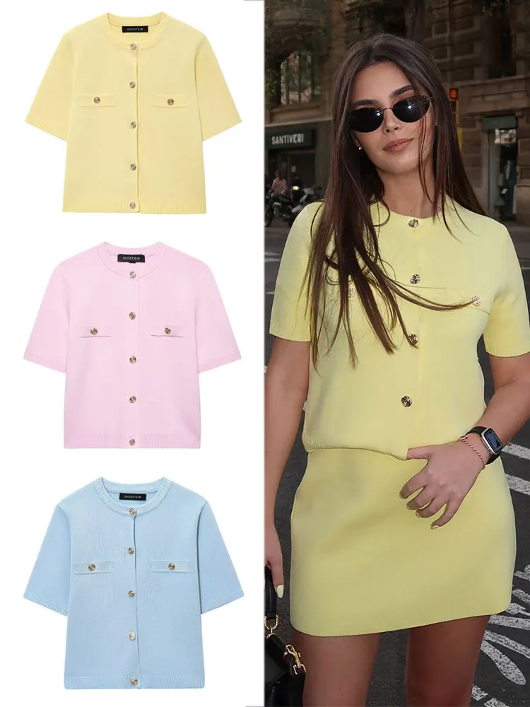 HH2025, Frauen Elegante Solide Strick Tops O Neck Einreiher Kurzarm T-Shirts Casual Mode Weibliche Chic Tops