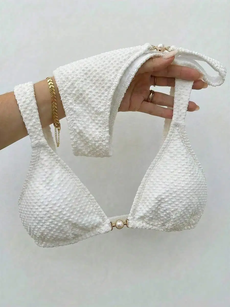 

White Textured Bikini Set With Pearl Accent Elegant Women Swimwear