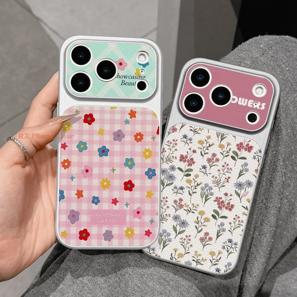 Chequered And Floral Prints Phone Case For iPhone 18 Pro 17 Pro Max 15 16 Pro Max 14 13 12 11 Faux Leather Cover With Lanyard