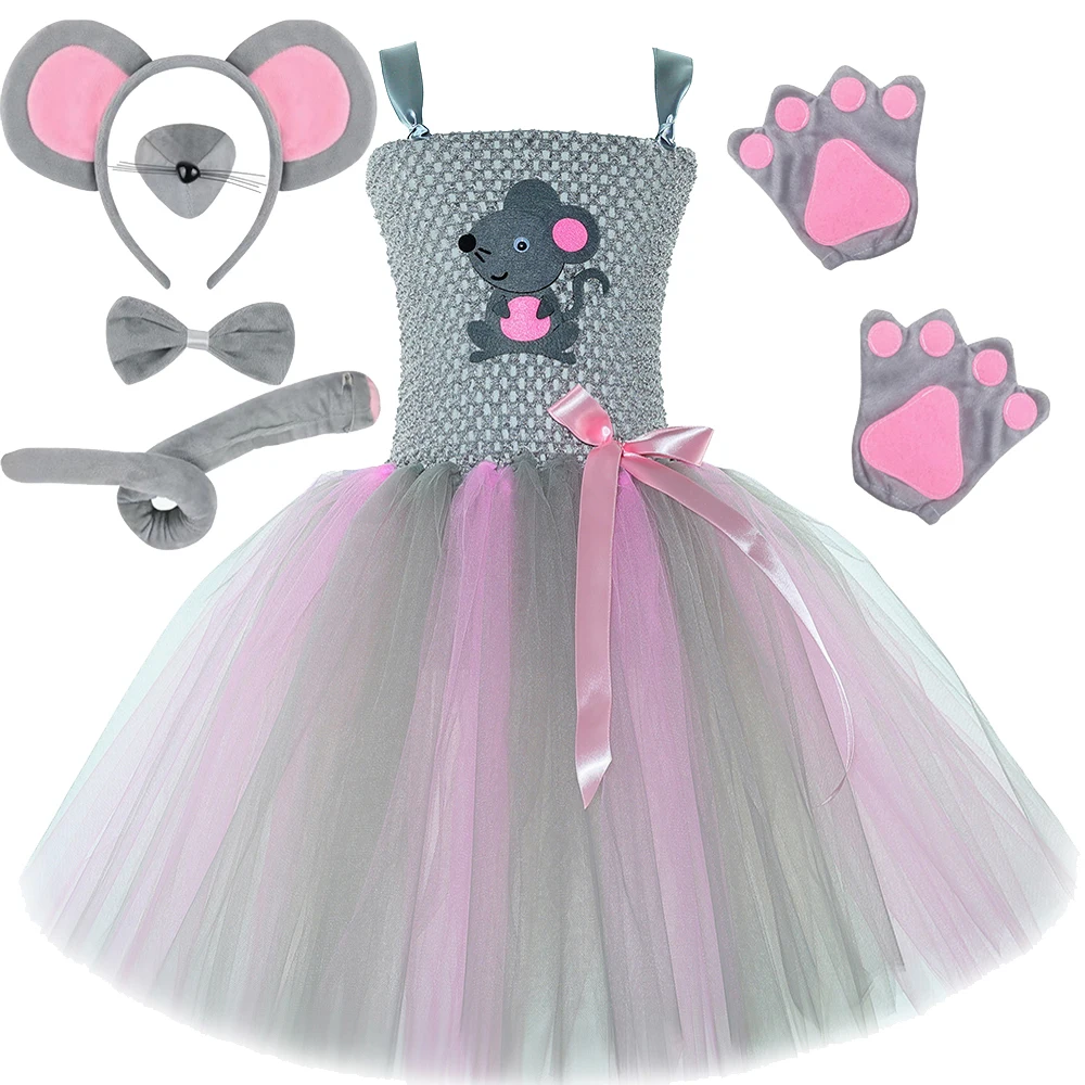 Pink Gray Mouse Costumes for Baby Girls Grey Rat Tutu Dress for Kids Toddler Halloween Outfit Children Animal Birthday Clothes