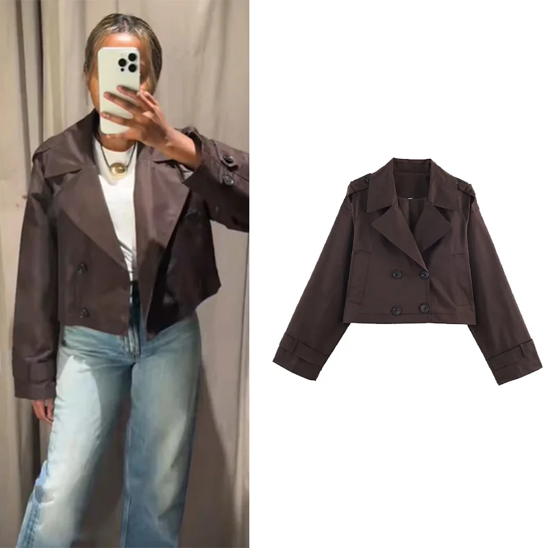 

Женская короткая куртка HipSeam с двубортными осенними повседневными женскими короткими пальто с длинными рукавами и лацканами, осенние женские куртки