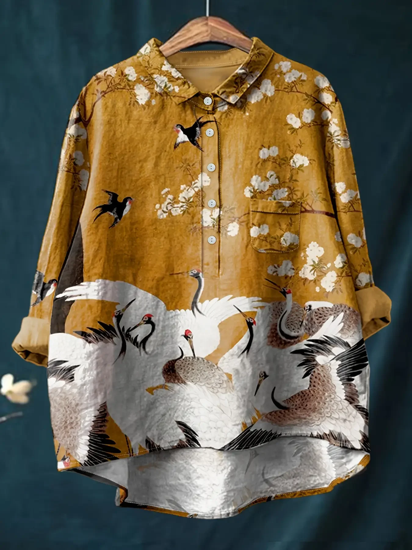

New women's casual loose geometric printed button up shirt, collar, long sleeves and pockets,Xianhe Plum Blossom.