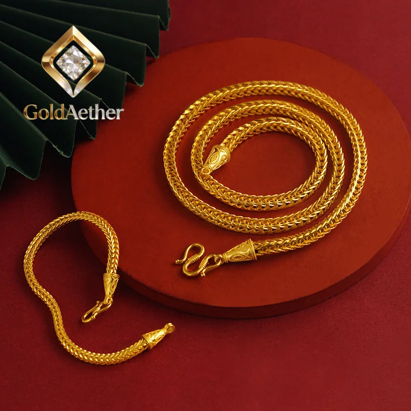 

GoldNouveau Luxury 24K 9999 Pure Gold real gold Fortune 60cm Chain Men's Necklace Square Snake Bone Bracelet Large