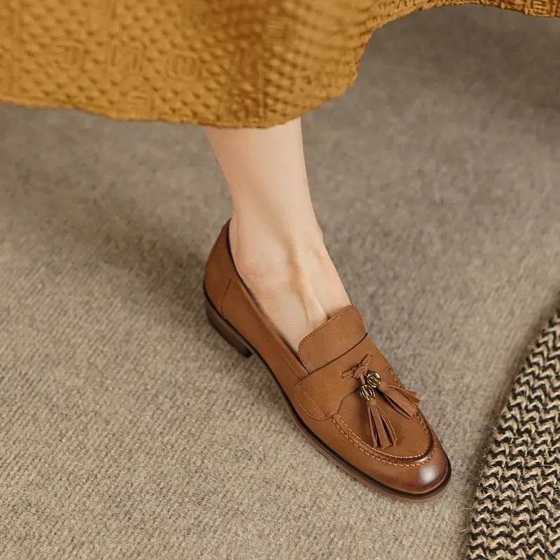 etro Style Women Flats Spring Autumn Slip On Sheepskin Real Leather Vintage Flat Shoes Round Toe Basic Loafers With Flat Heel R