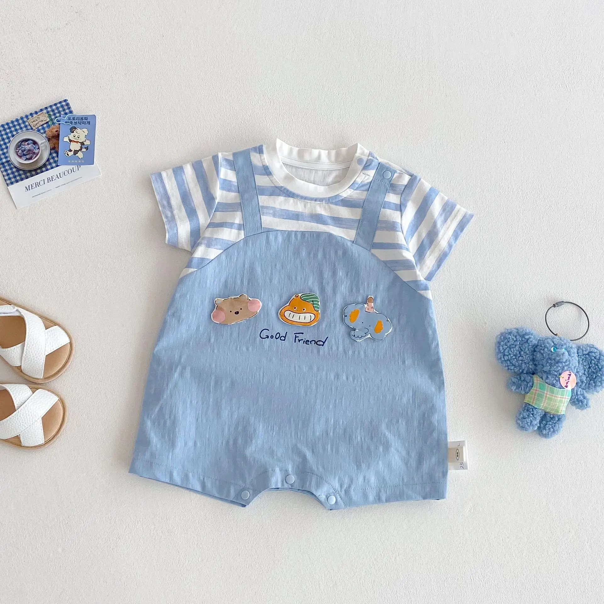

Baby Fake Two-piece Crawling Suit 2025 New Baby Korean Version Striped Jumpsuit Trendy Newborn 3D Cartoon Clothes