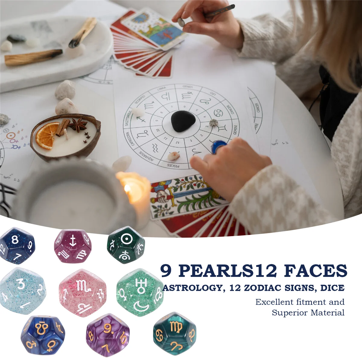 9Pcs Pearl 12-Sided Astrology Zodiac Signs Dice for Constellation Divination Toys Multi Sided Dice Type A