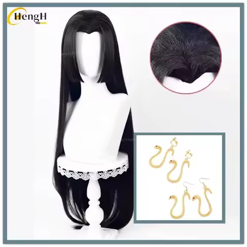 Anime Boa Hancock Synthetic 100cm Long Black Straight Hair And Snake Earrings Cosplay Anime Wig Heat Resistant Hair Women Wigs