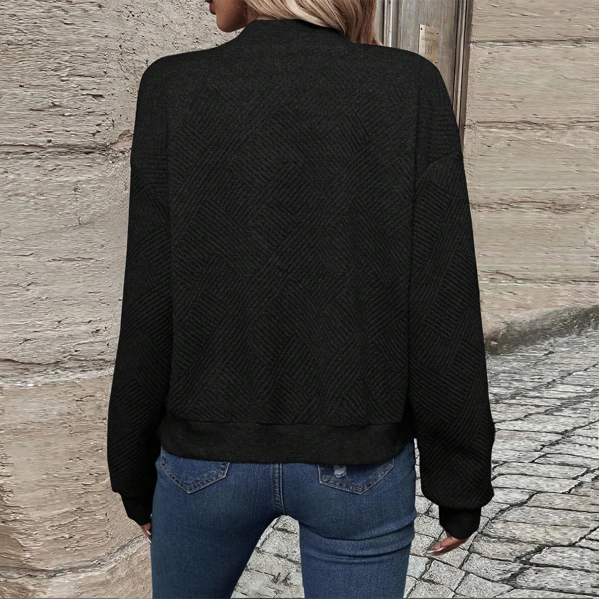 Damen Herbst- und Winterjacke, Neu, Einfarbig, Schlicht und Exquisit, mit Reißverschluss, Baseballkragen, Lässige Jacke – Detail 7