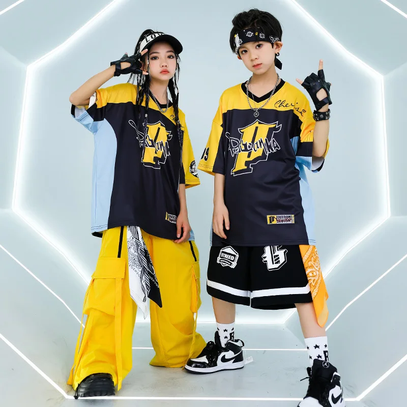 Loose T Shirt Yellow Pants Boys Street Dance Costume Girls Sport Top Shorts Kpop Jazz Performance Wear Kids Hip Hop Clothing