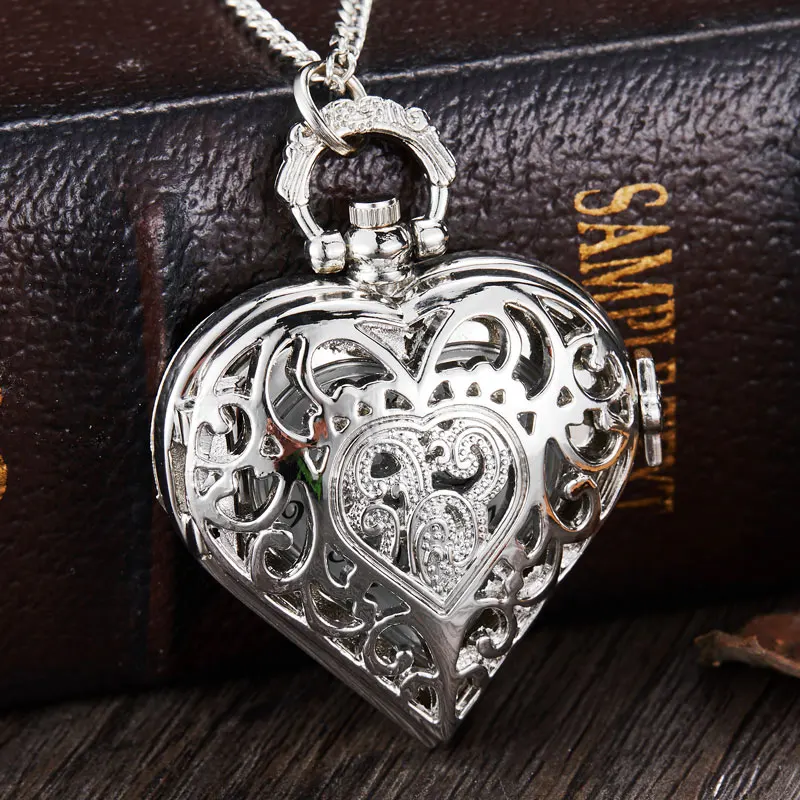 Exquisite Heart Shape Design Pocket Watch Hollow Necklace Chain Pendant Quartz Clock Elegant Leisure Gift Accessories