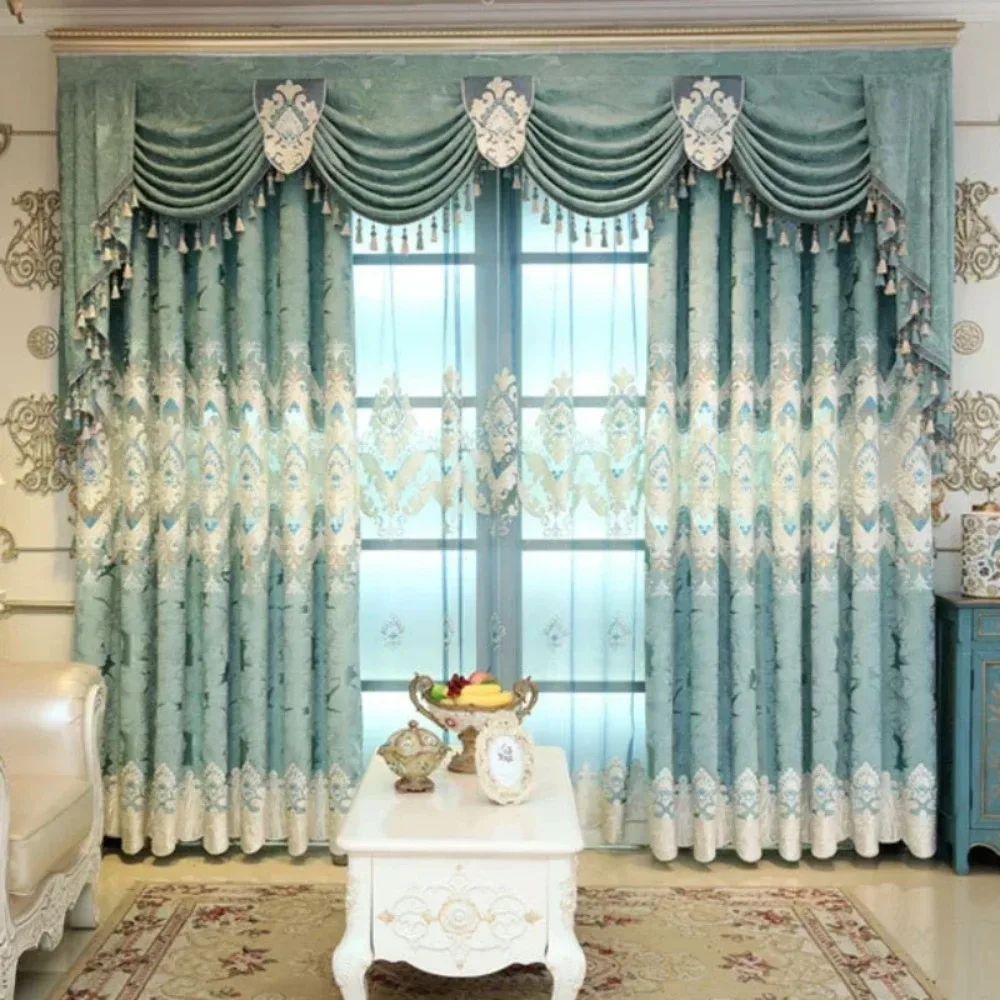 European Green Chenille Hollow Embroidered Luxury Curtains For Living Room Dining Bedroom Blackout Valance Window Custom Tulle