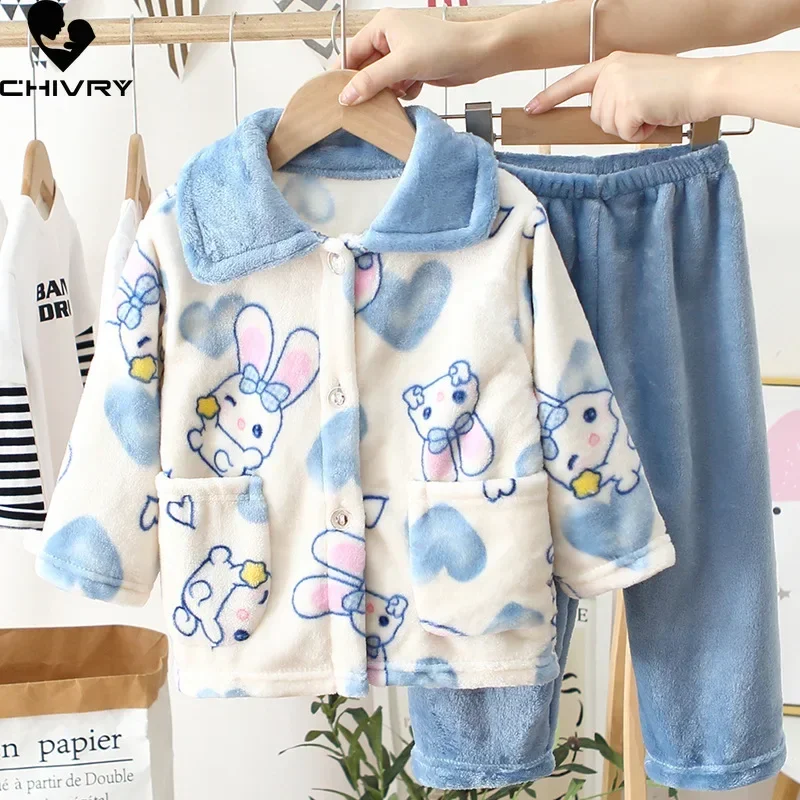 New 2023 Kids Winter Soft Flannel Pajamas Clothing Sets Boys Girls Cartoon Thicken Warm Lapel Tops with Pants Pyjamas Sleepwear