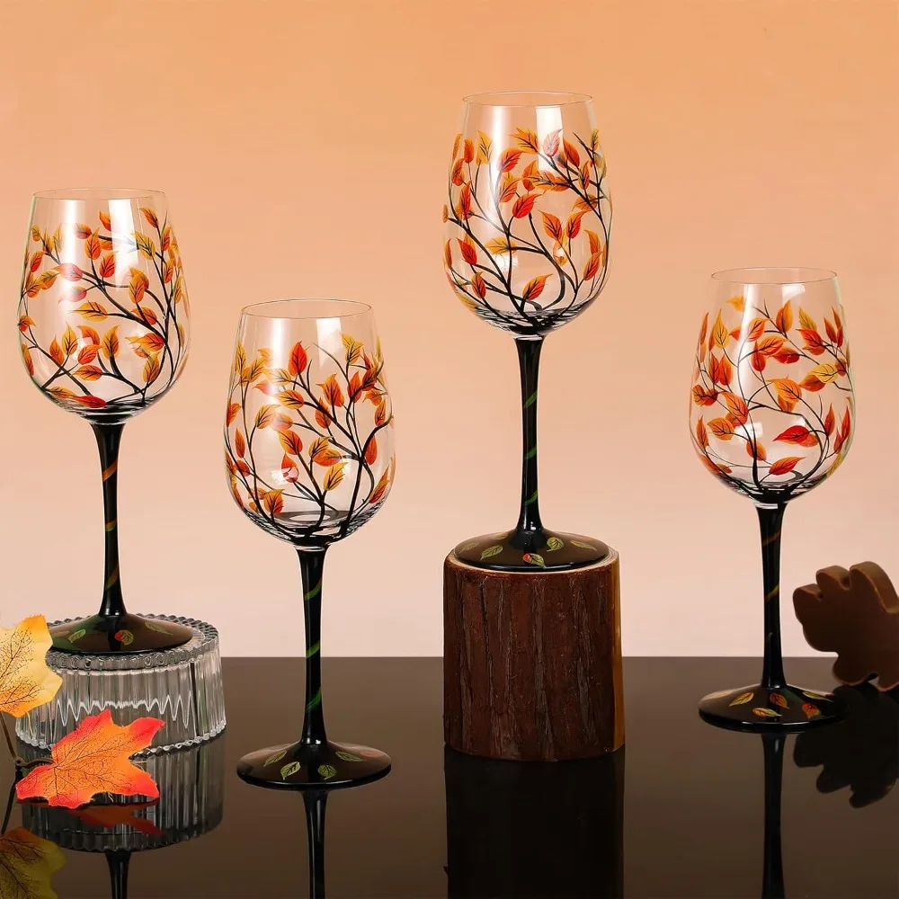 

Autumn Leaves Themed Stemmed Wine Glasses - Hand Painted Party Cups for Fall Celebrations and Holiday Gifts