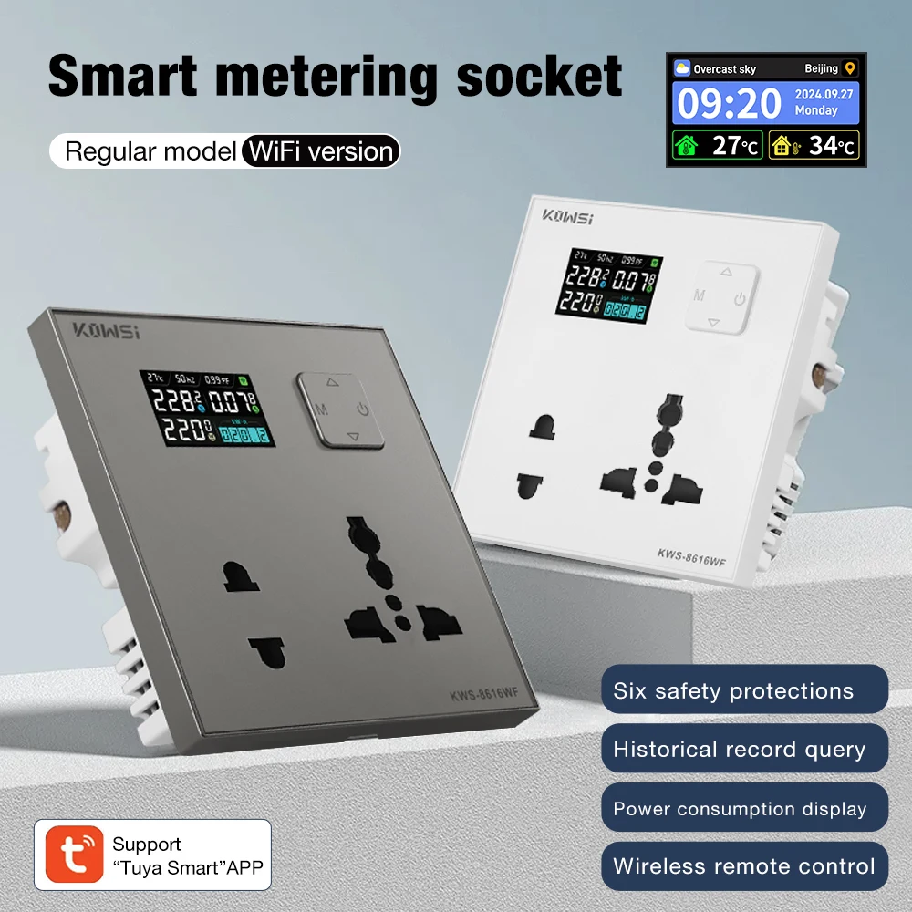 

AC85-290V 16A Smart Metering Socket Tuya Socket Mobile Phone Remote Power-Off Overvoltage Protection Wall Socket