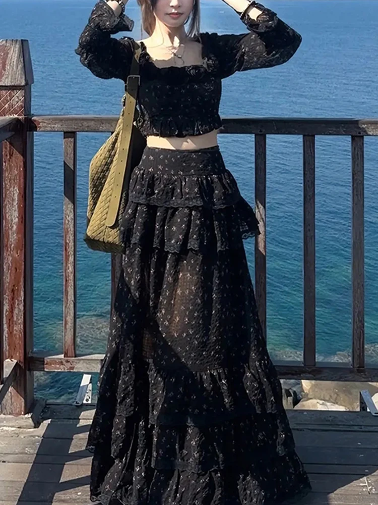

Bla Floral Print Square Ne ort Sve Women's Top And High Waist Long Skirt Set Spring 2026 Faion Slimming Cake Dr