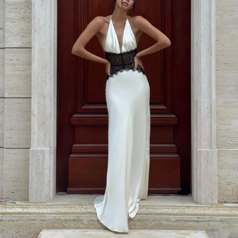 

Ticketsx Plunge Lace Patchwork Dress Halter Neck Lace Up Contrast Slim Dress Elegant Women Backless Luxury Party Evening Dress