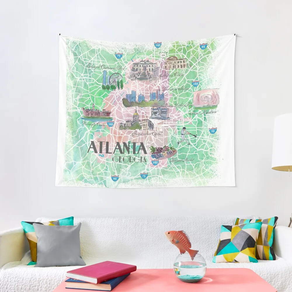 

Atlanta Georgia USA Illustrated Map with Main Roads Landmarks and Highlights Tapestry Room Design Decoration Home Tapestry