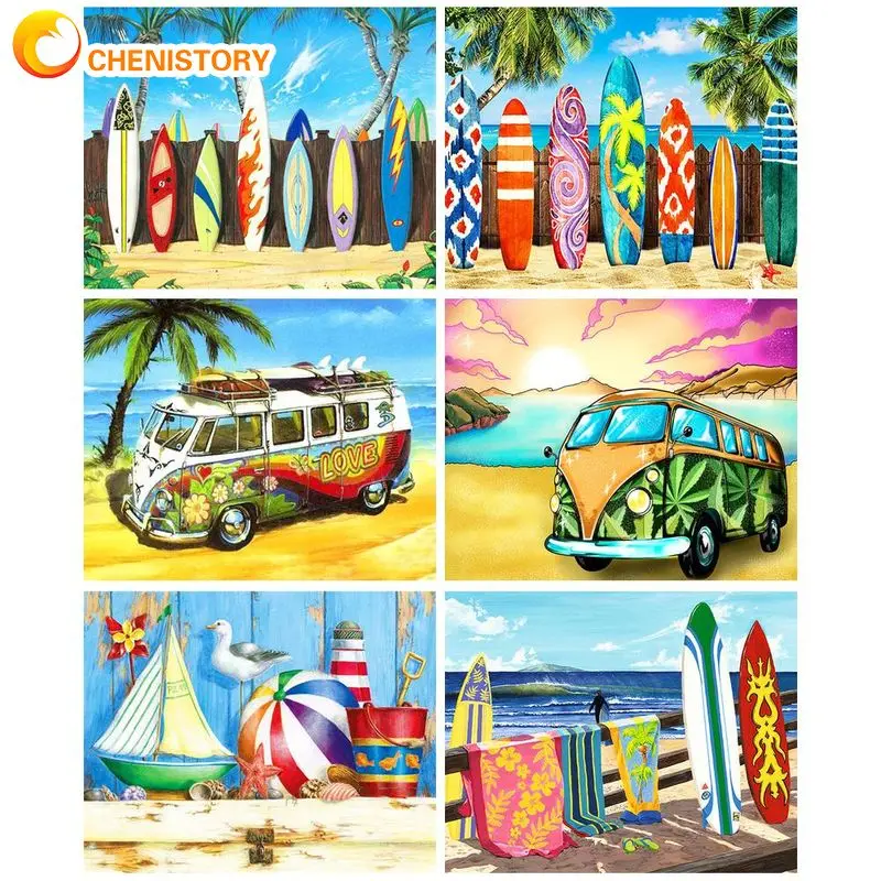 

CHENISTORY 5D Diamond Painting With Frame Seaside Landscape Surf Board Home Decors Cross Stitch DIY Crafts Kill Time Art Supply