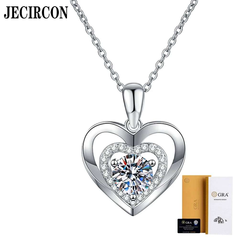 

JECIRCON 925 Sterling Silver Necklace for Women Heart to Heart 1 Carat Moissanite Luxury Pendant Fashion Party Jewelry Wholesale