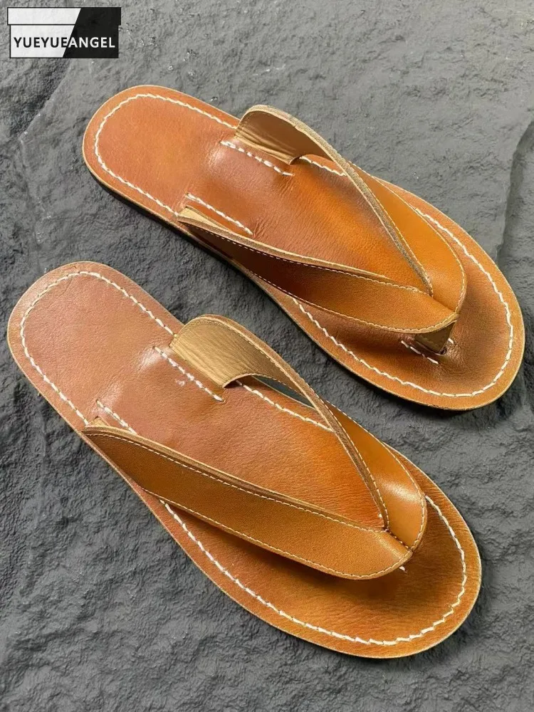 Leisure Wearing Outside Horsehide Breathable Solid Color Flip Flops Comfortable Handmade Genuine Leather Fashion Men Slippers