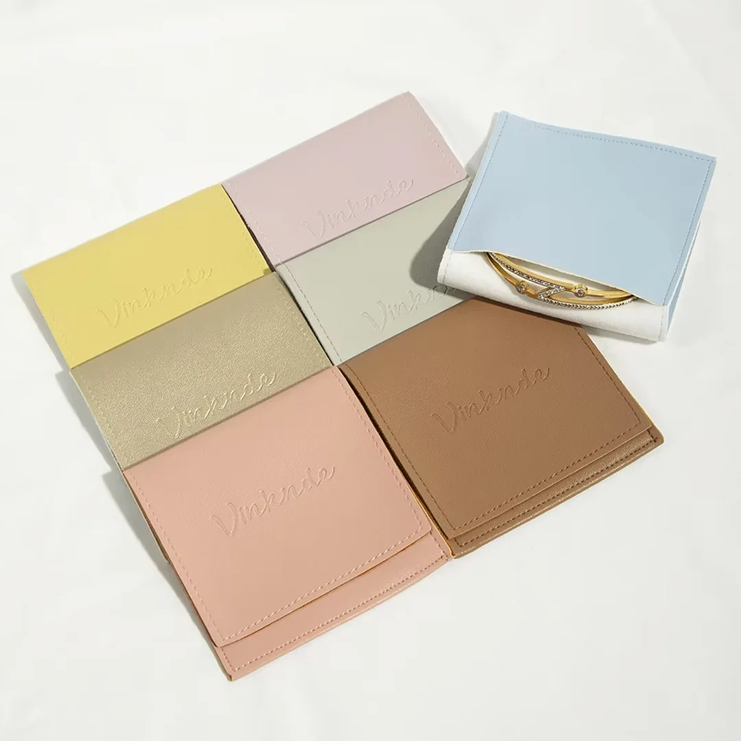 

50Pcs Custom Logo 8x8cm PU Leather Small Envelope Gift Bags For Jewelry Packaging Pouches Wedding Wrapping Ring Travel Packaged