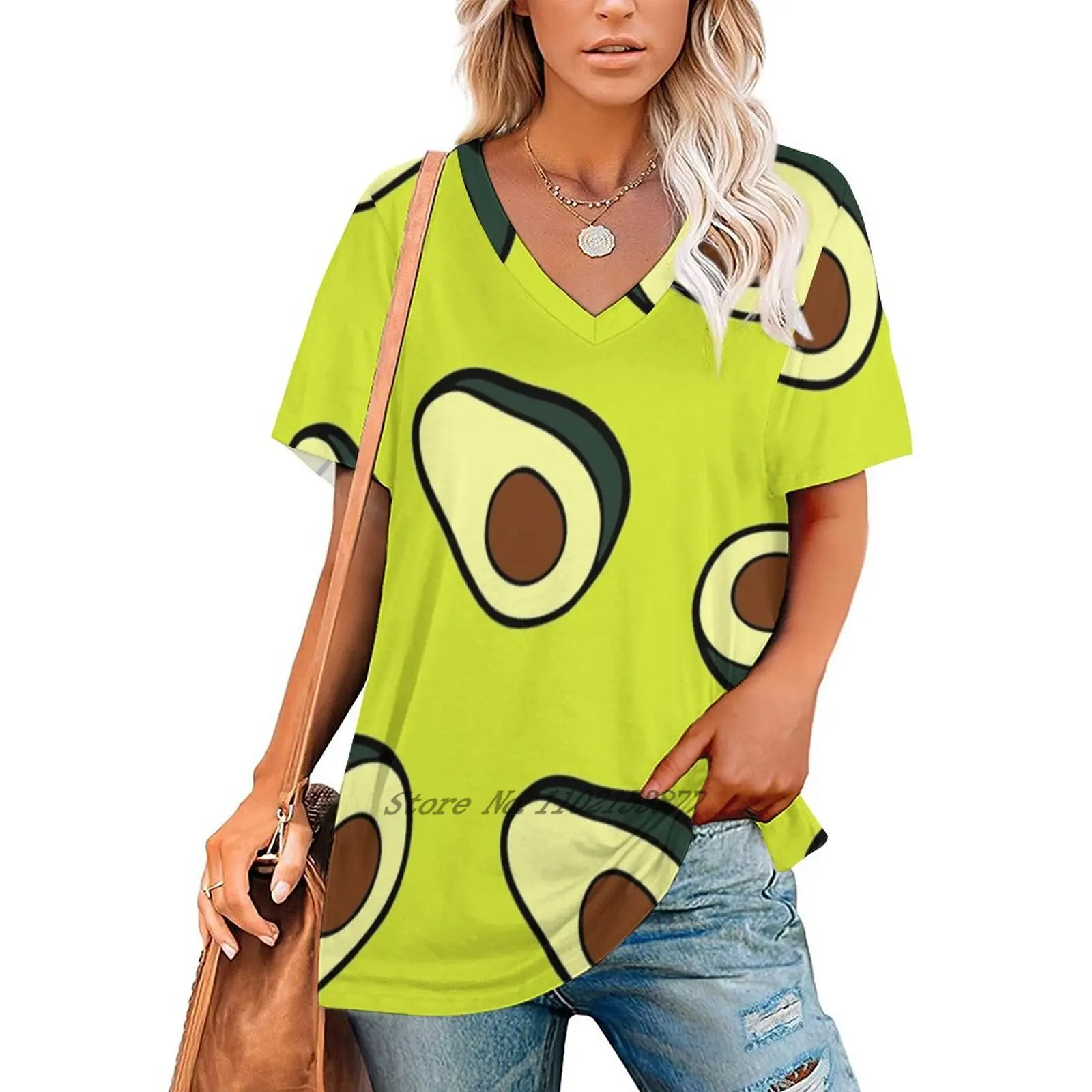 Avocado Pattern Woman Tshirts Printed Tops Zipper V-Neck Top Fashion Graphic T Shirt Avocado Food Foody Green Brown Seed Fruit