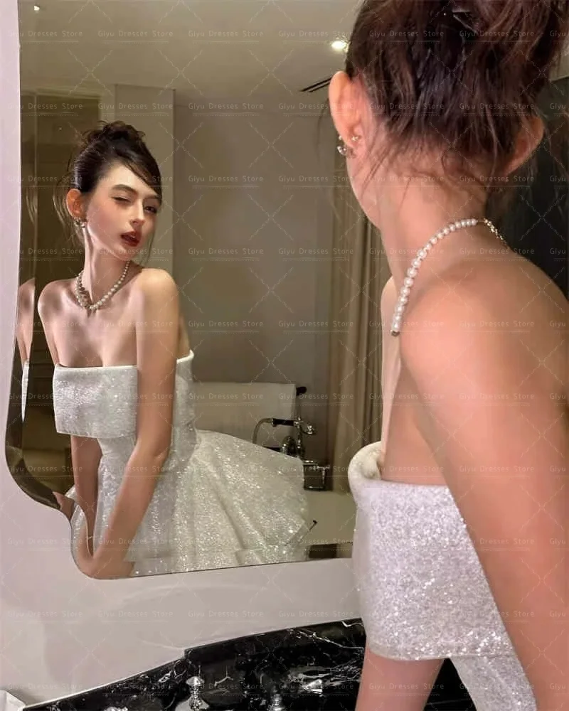 GIYU 2026 Glitter Ivory Puffy Mini Prom Cocktail Dress Korea Photoshoot Strapless Wedding Party Dress A Line Sleeveless Customiz