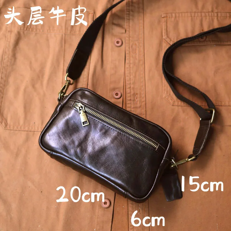 AETOO  Street trend casual leather crossbody bag horizontal male baothead layer cowhide shoulder bag youth mobile phone bag