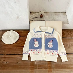 Childrens Sweaters Korean Girl Baby Cotton Collar Cartoon Snowman 2024 Sweater Cardigan Autumn and Winter Sweater Jackets