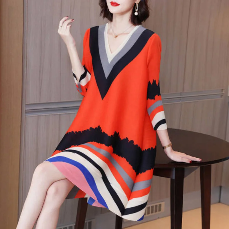 Elegant V-Neck 3/4 Sleeve Printing Striped Vintage Dress 2022 Autumn New Loose Women's Clothing Oversized Commute Midi Dress