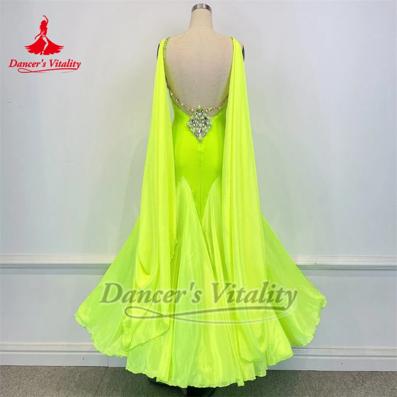 Women Social Dance Fluorescent Yellow Sleeveless Backless Luxury Dresses Customized Waltz Tango Perform Outfit Dancer's Vitality