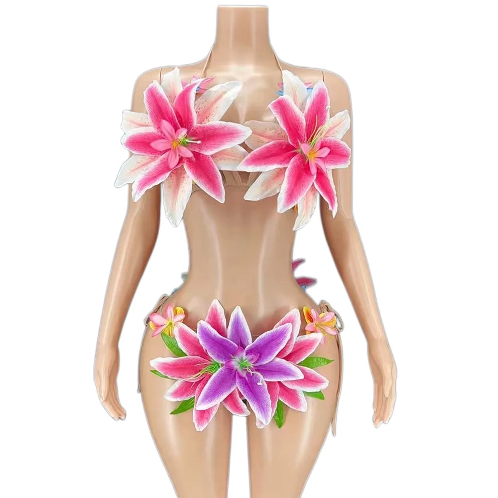 

Sexy Halter Floral Bikini Set For Women Festival Carnival Drag Queen Outfits Party Club Clothing Stage Fashion Gogo Show Wears