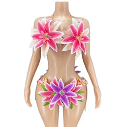 Ensemble de bikini floral à licou sexy pour femmes, tenues de drag queen, vêtements de club de fête, mode de scène, vêtements de spectacle en tricot, festival de carnaval