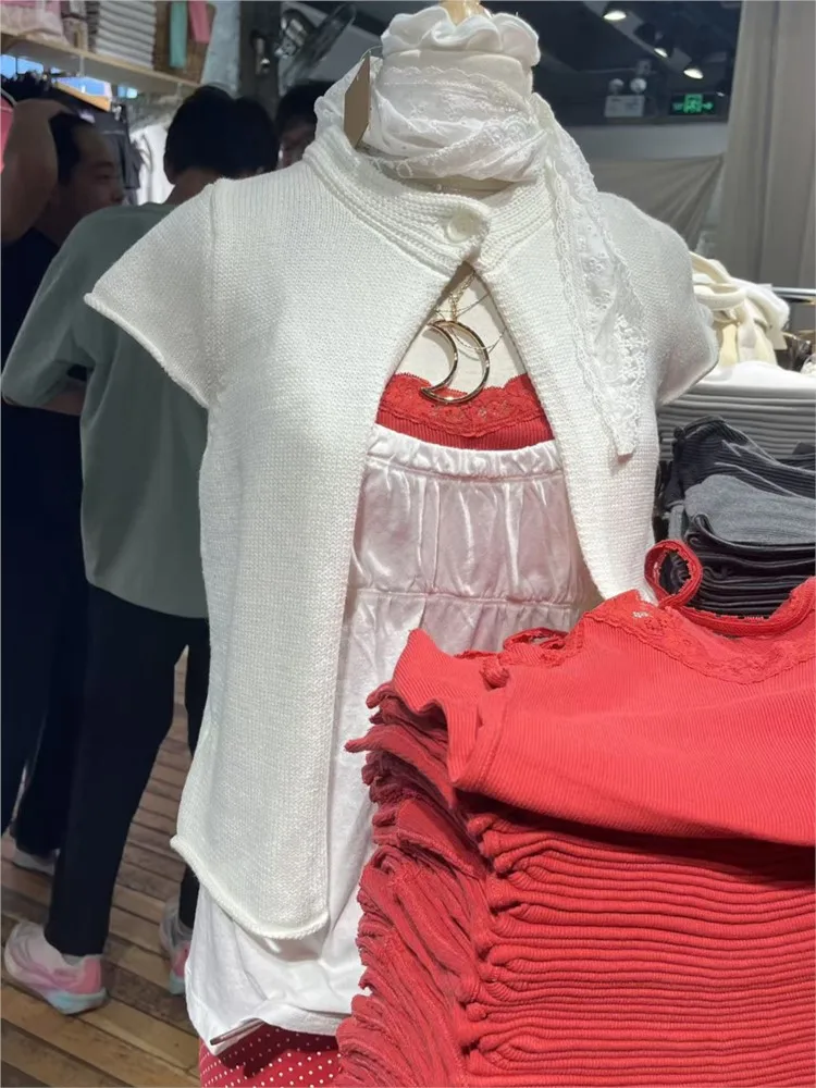 Cárdigan de punto beige y blanco con cuello para mujer, suéter sencillo de algodón con un solo botón y manga corta, estilo preppy dulce, tops Y2K.