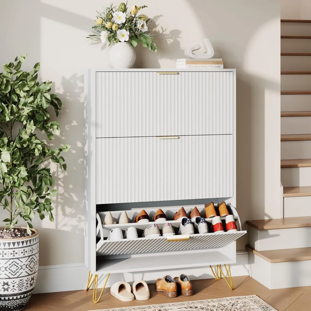 خزانة تخزين الأحذية ذات 3 أدراج - تصميم مخدد واسع 31.5 للمدخل، حل تخزين الأحذية الموفر للمساحة