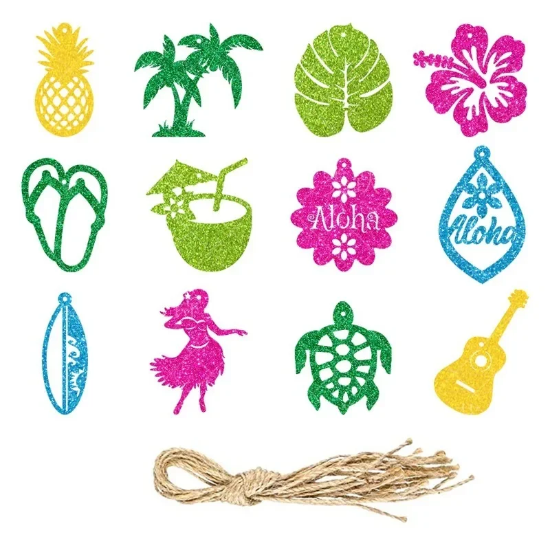 

12pcs Hawaiian Party Decoration Glitter Powder Pendants Pineapple Coconut Aloha Hanging Ornaments Summer Hawaii Party Supplies